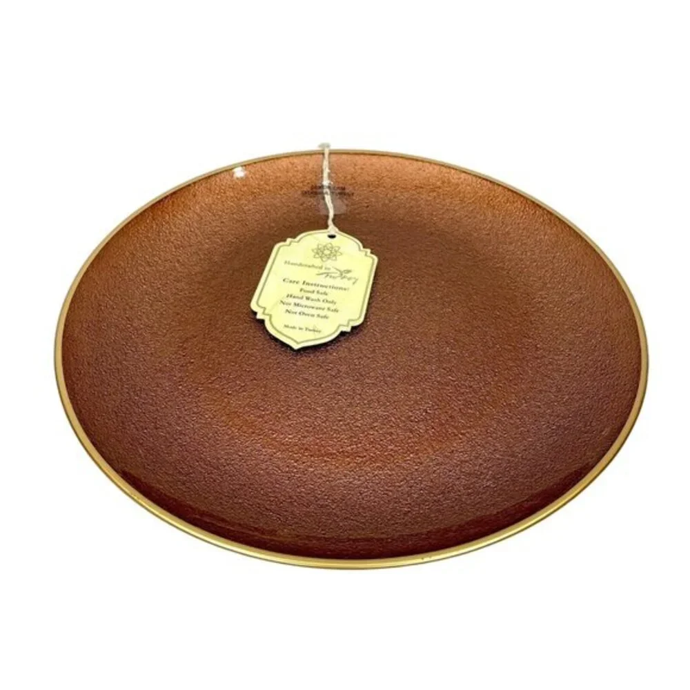Turkish Glass 4 Entree Dinner Plates Set Brown Bronze Textured Gold Rim 11